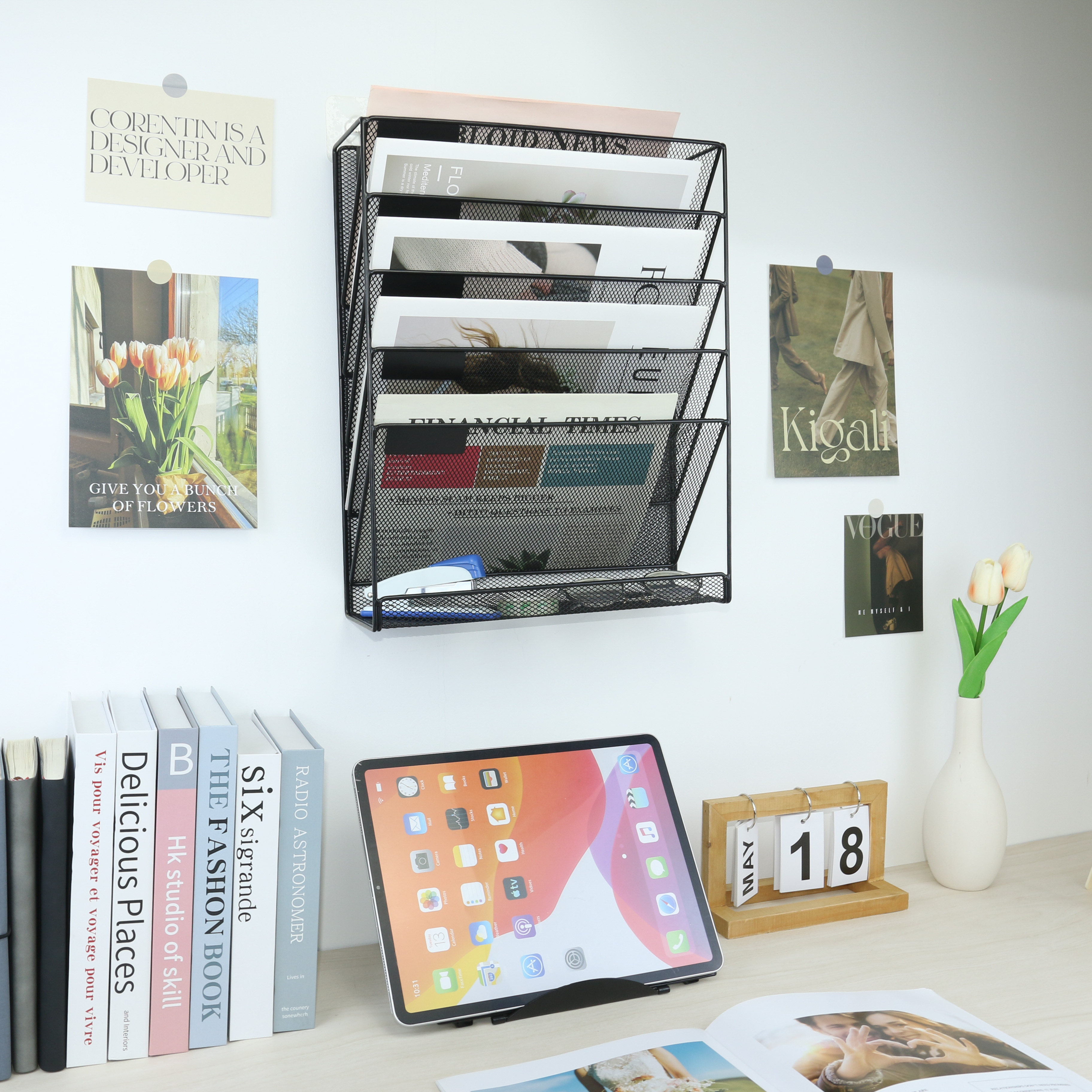 Desk File Organizer Mesh Hanging Wall Mount Document Organization Stand Desktop Vertical Mail Paper Folder Holder Rack 5 Tier