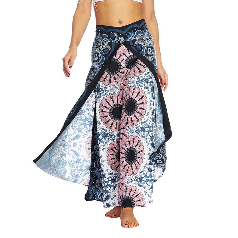 Womens Palazzo Slit Wide Leg Pants Summer Casual Beach Boho Print Pants Plus Size High Waist Gym Yoga Pants Sweatpants: 5 / L-XL