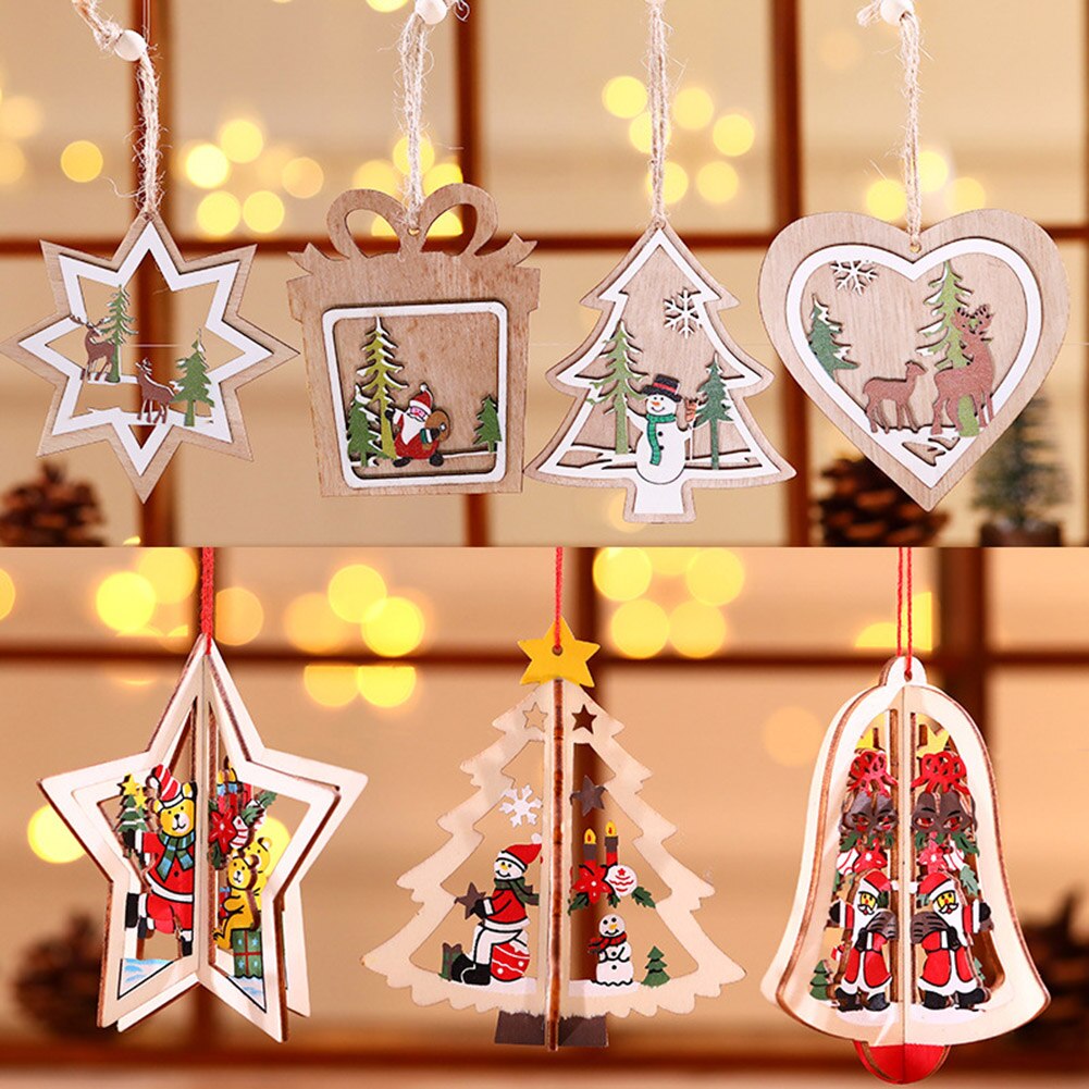 3D Christmas Ornament Wooden Hanging Pendants Star Xmas Tree Bell Christmas Decorations for Home Party S55