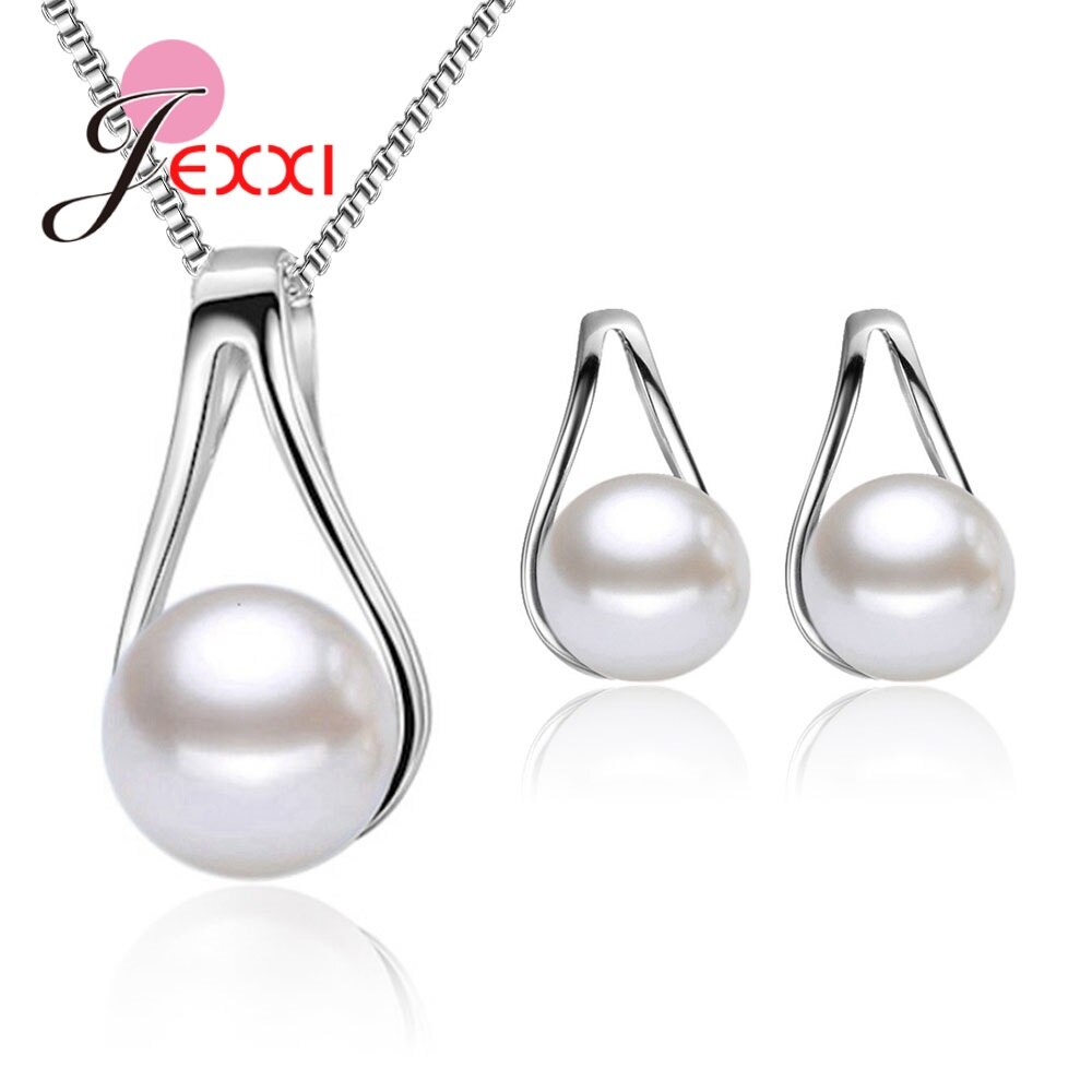 Women Freshwater Pearl Jewelry Sets 925 Sterling Silver Round Pearl Pendant Necklace Earrings Sets For: White