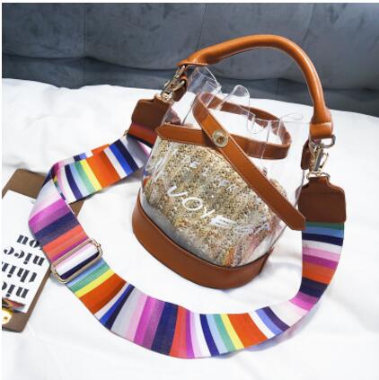 HISUELY Jelly Bag Summer PVC Shoulder Bag Tote Colorful Handle Messenger Chain Plastic Handbag Transparent Bucket Bucket Lock: Brown