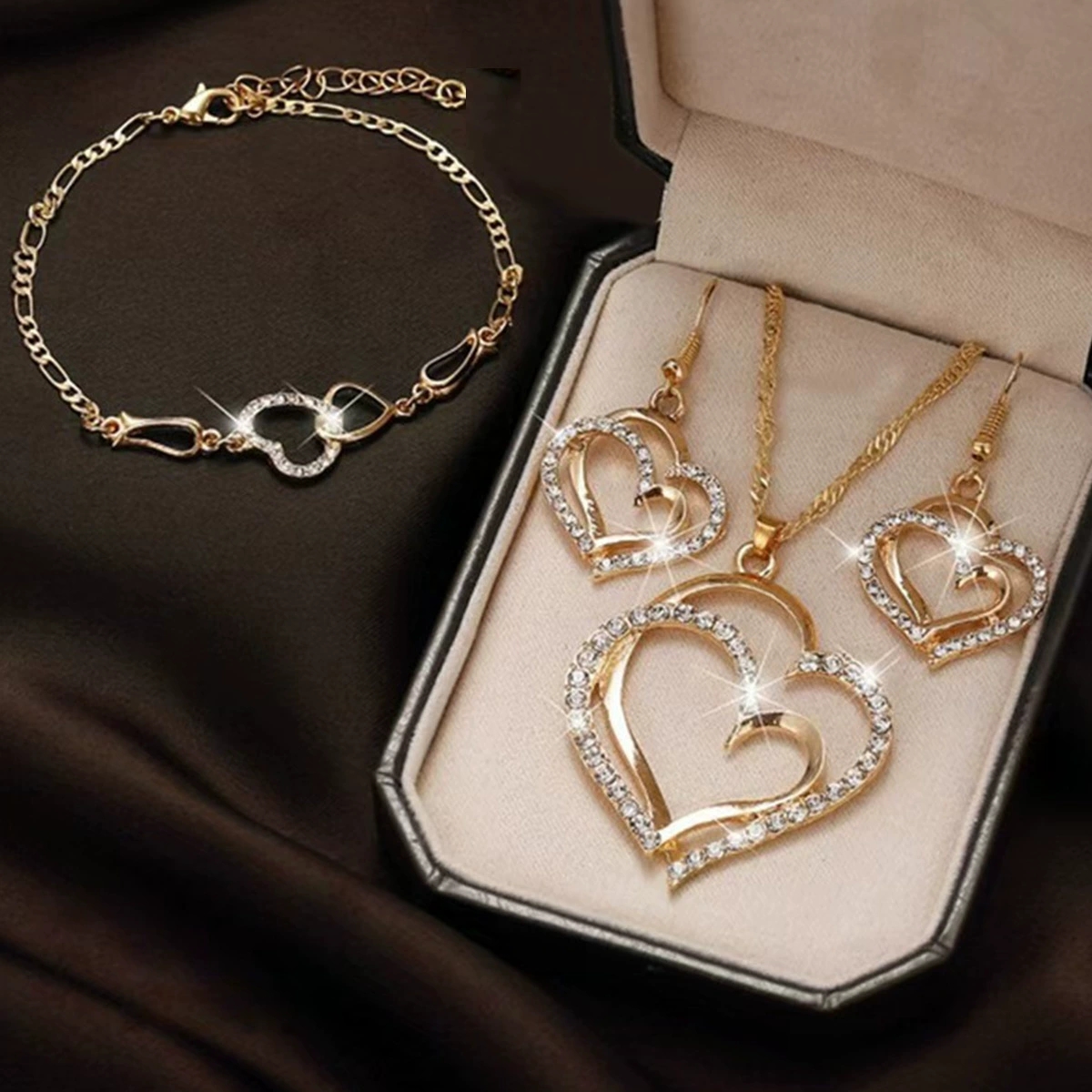 3 Pcs Set Heart Shaped Jewelry Set Of Earrings Pendant Necklace For Women Exquisite Rhinestone Double Heart Jewelry Set: ROSE GOLD COLOR