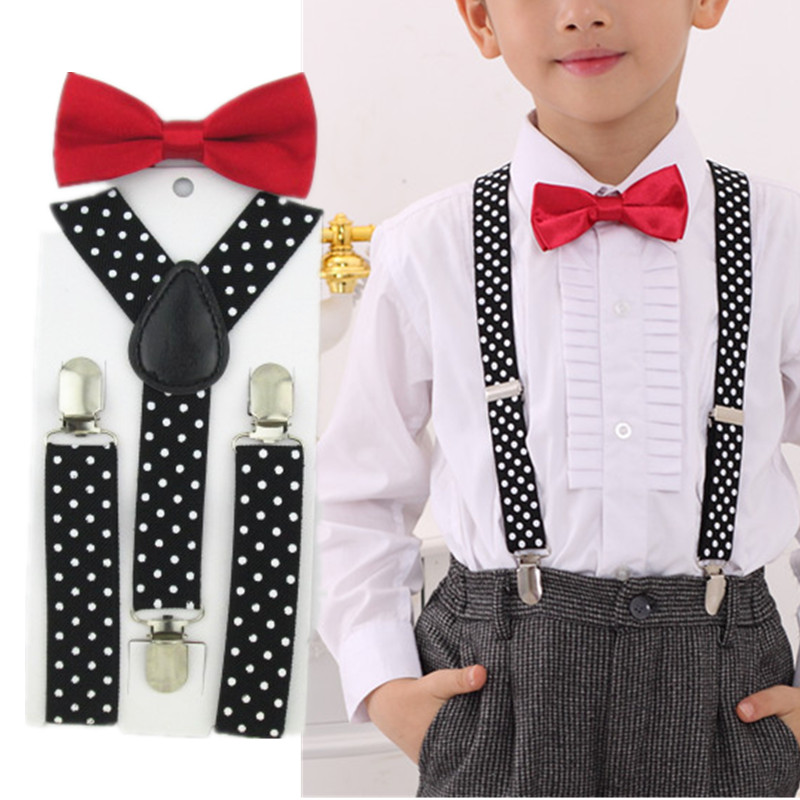 LB015-S size zwarte stippen supenders en zwart rood bowtie set voor jongens en meisjes kinderen bretels bowtie sets