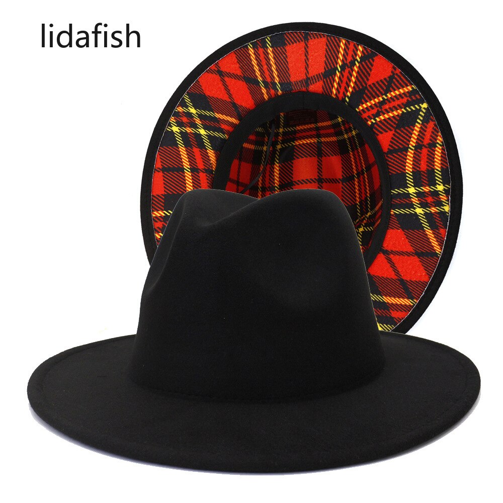 lidafish Black With Plaid Patchwork Wool Felt Women's Hats British style Jazz Fedoras Hat Panama Trilby Hat