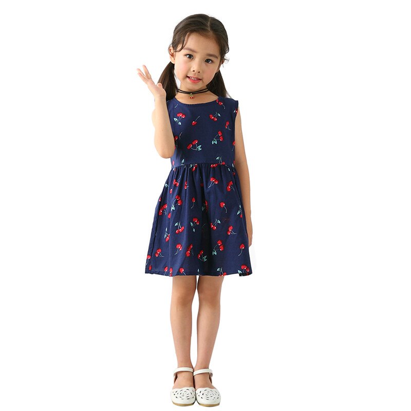Summer Cotton Cherry Bow Decor Princess Dress Floral Vest Dresses for Girls: Blue / 3T