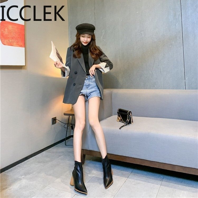 ICCLEK nouvelles femmes bottes bottines bout pointu talon carré Pu femmes bottes noir Beige Zapatos De Mujer A058