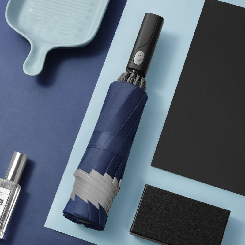 Windproof Reverse Folding Automatic Rain Umbrella Men Women 3Folding Rain Umbrella 10 Ribs Reflective Stripe Portable Parasol: Navy