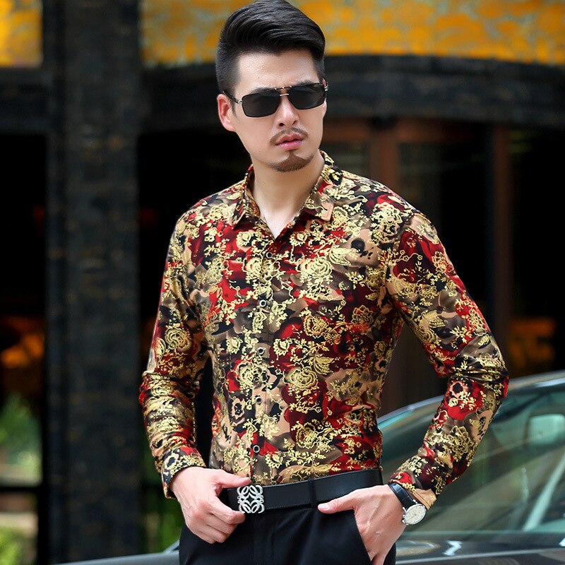 Chemise manches longues pour hommes, style Baroque en soie dorée, de luxe, Chemise pour hommes, en soie, lait, bronzage, couleur XXXL
