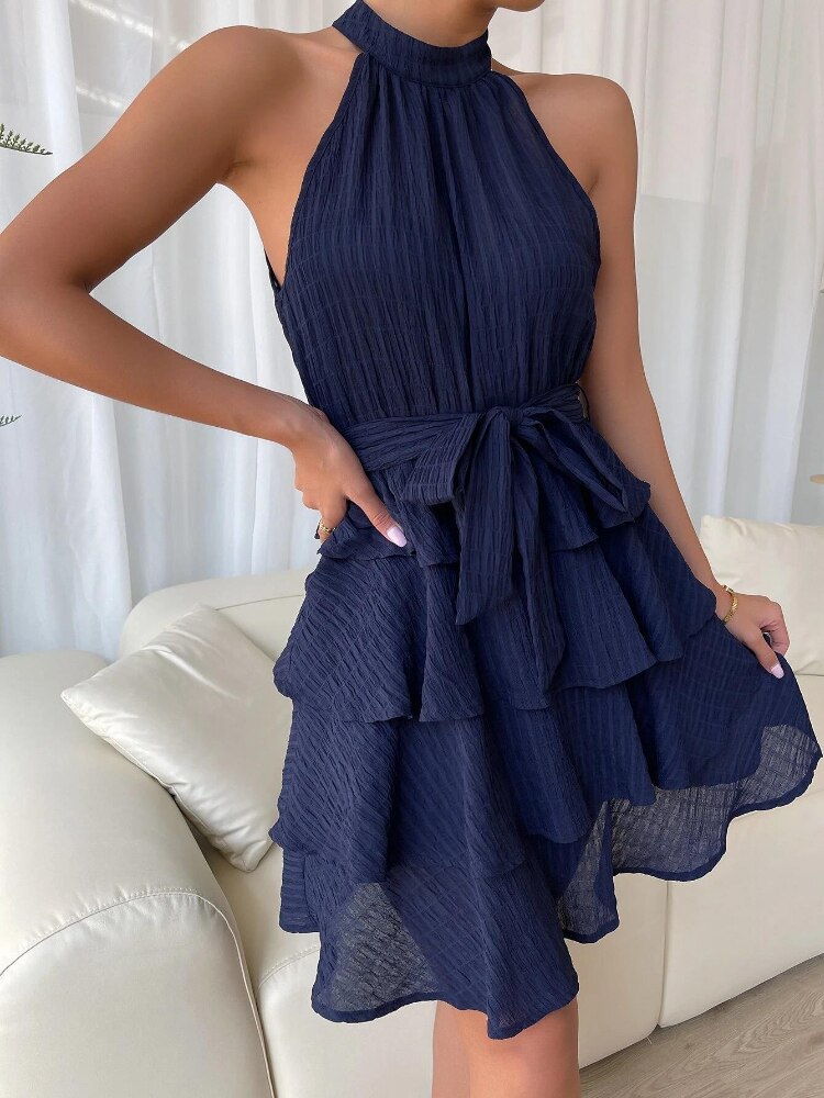 Vestido corto femenino de verano sin mangas con cuello cuadrado y cremallera, traje suave con volantes y hombros descubiertos para mujer, a la , novedad