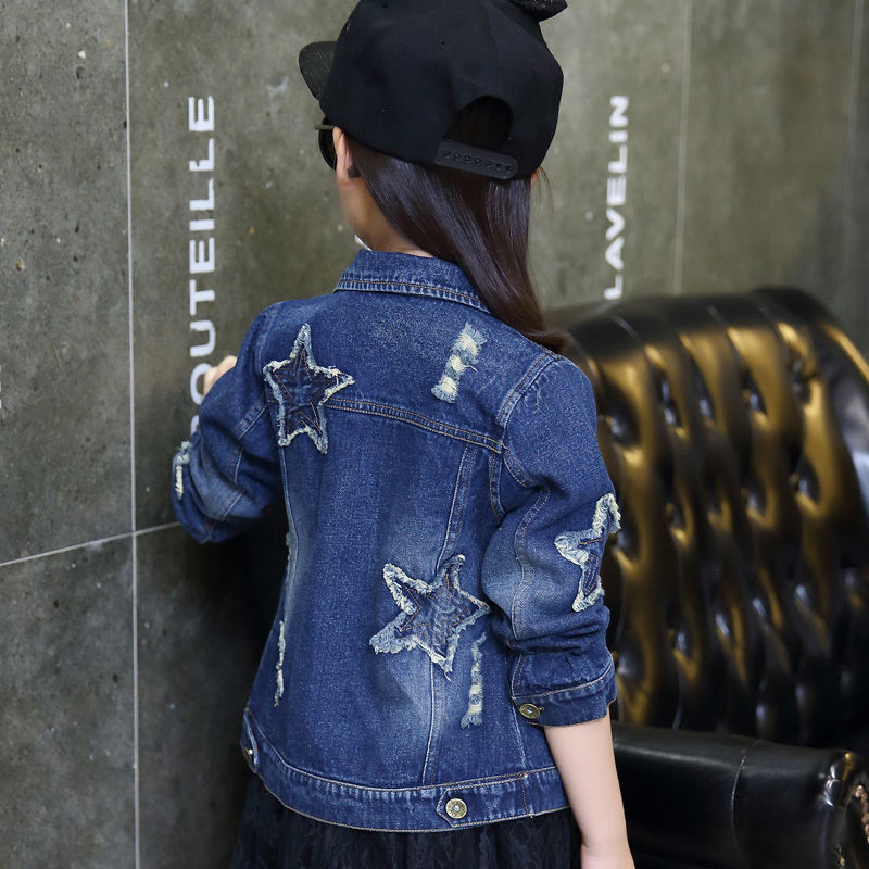 Chaqueta vaquera para niñas, abrigo de lavada con estrella de cinco puntas y lentejuelas brillantes, ropa informal de manga larga para primavera y otoño,