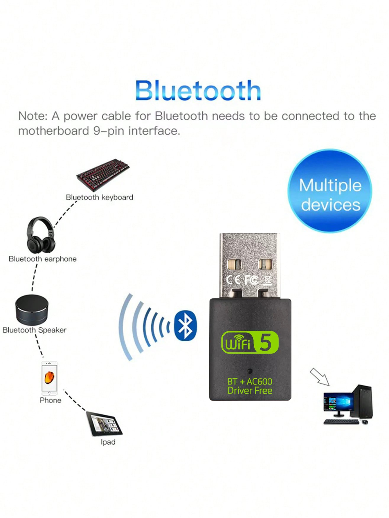 600M dual-band Bluetooth WiFi network card, USB interface, Bluetooth WiFi integrated, driver-free plug-and-play operation