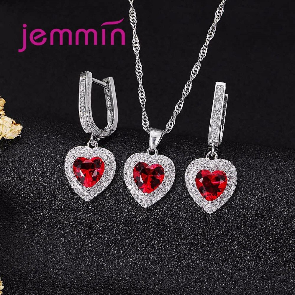 Top 925 Sterling Zilveren Hart Ruby Verklaringen Ketting Oorbellen Bruiloft Sieraden Sets Voor Bruiden Femme Bijoux