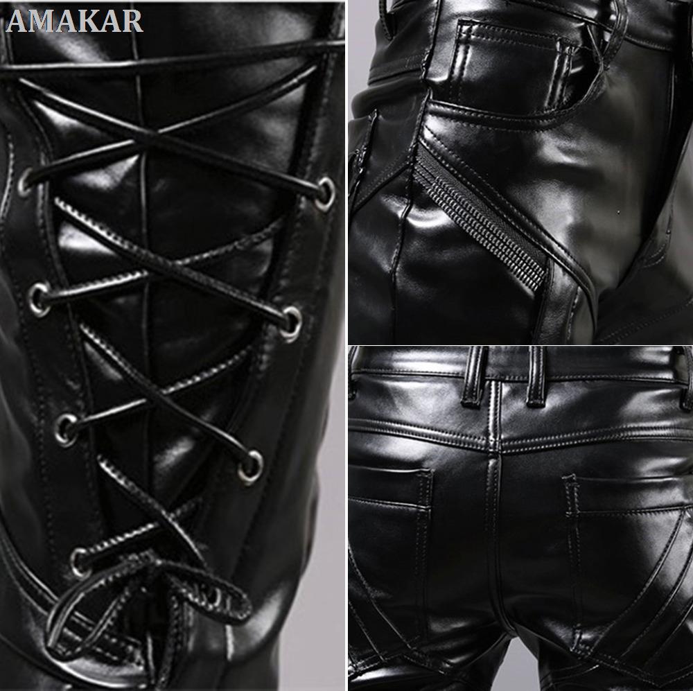 Punk Stil Dünne PU Leder Hosen Party Bühne Leistung Nacht Club Steampunk Faux Spitze Up Pleather Hosen