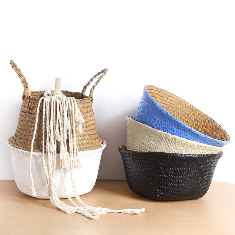 Boho Decor Foldable Handmade Rattan Storage Basket Folding Wicker Seagrass Belly Straw Garden Flower Pot Planter Panier Mimbre