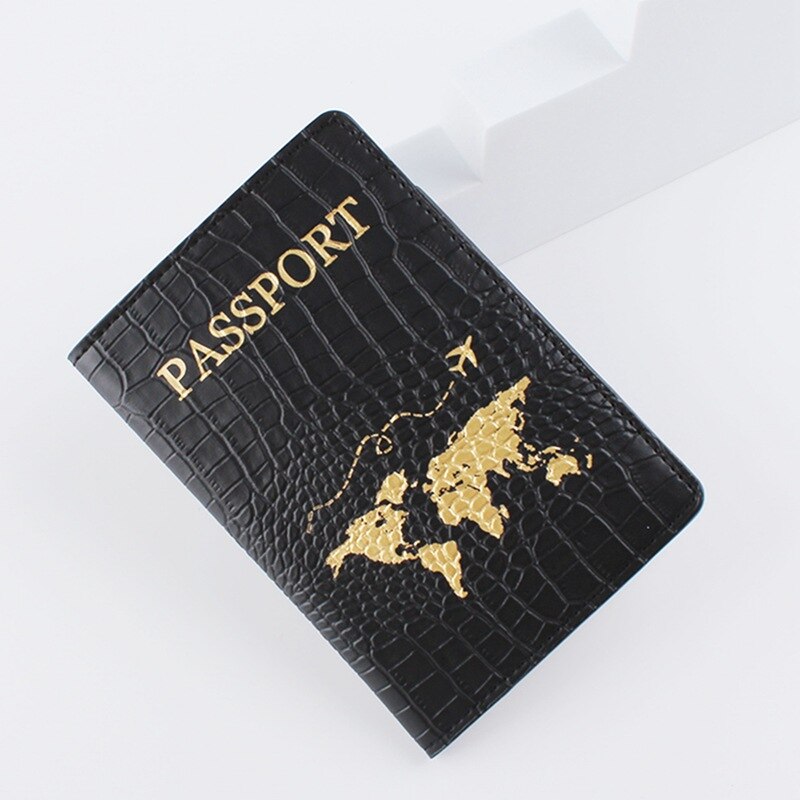 Map Passport Cover Crocodile Pattern Letter Women Men Travel Passport Cover Holder Travel Credit Card Holder Case: Black