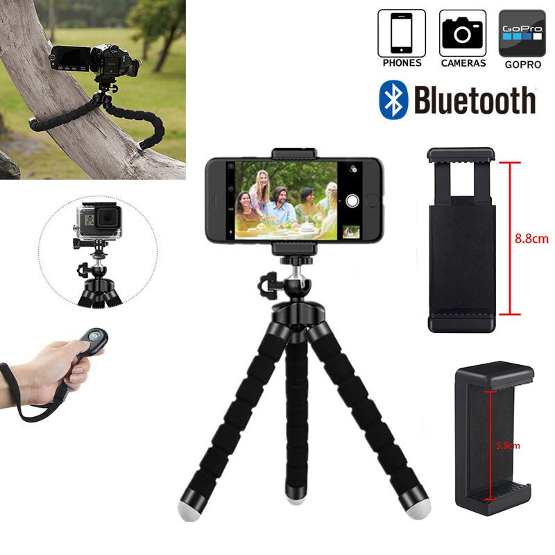 Tripé de telefone, suporte de câmera portátil e ajustável com controle remoto sem fio e clipe universal para iphone, telefone android, cam