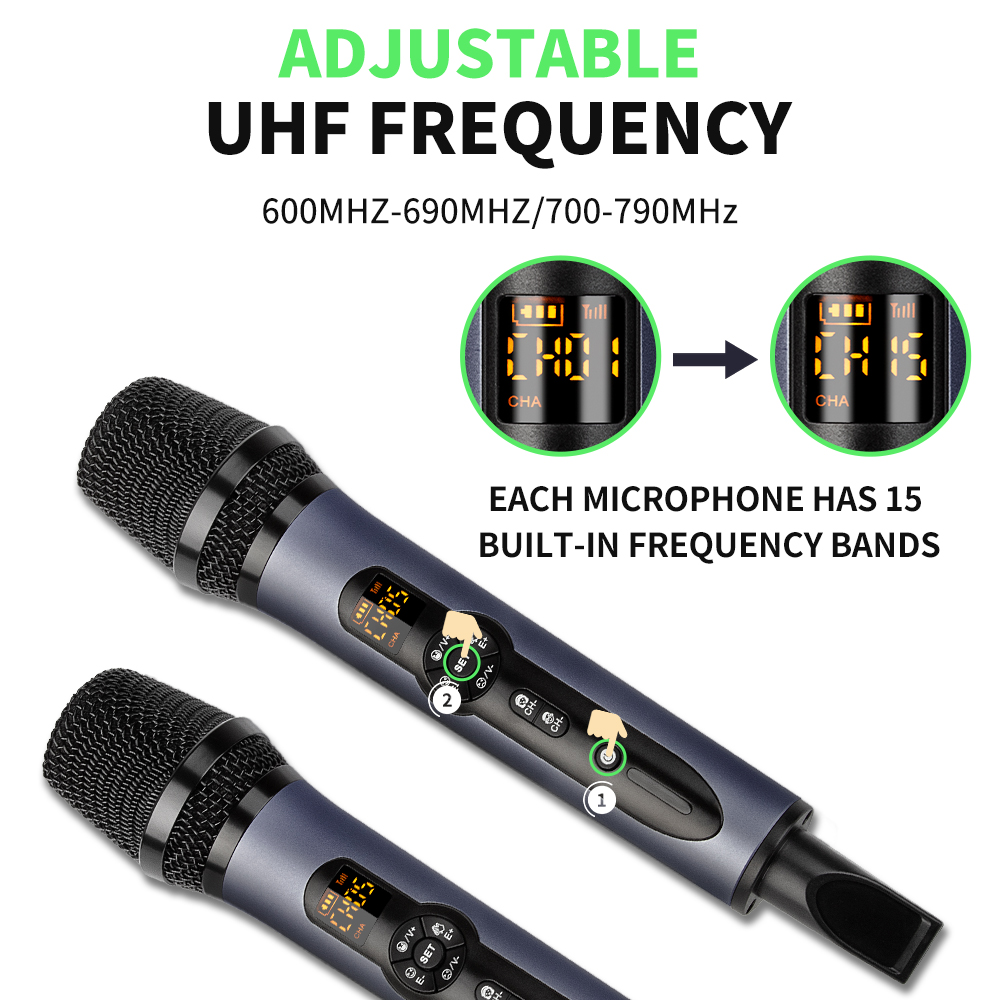 Wireless Microphone 2 Channels UHF Depusheng H2 Dual Handheld Dynamic Karaoke Mic System 50m for Stage Church Party Speaker Meet