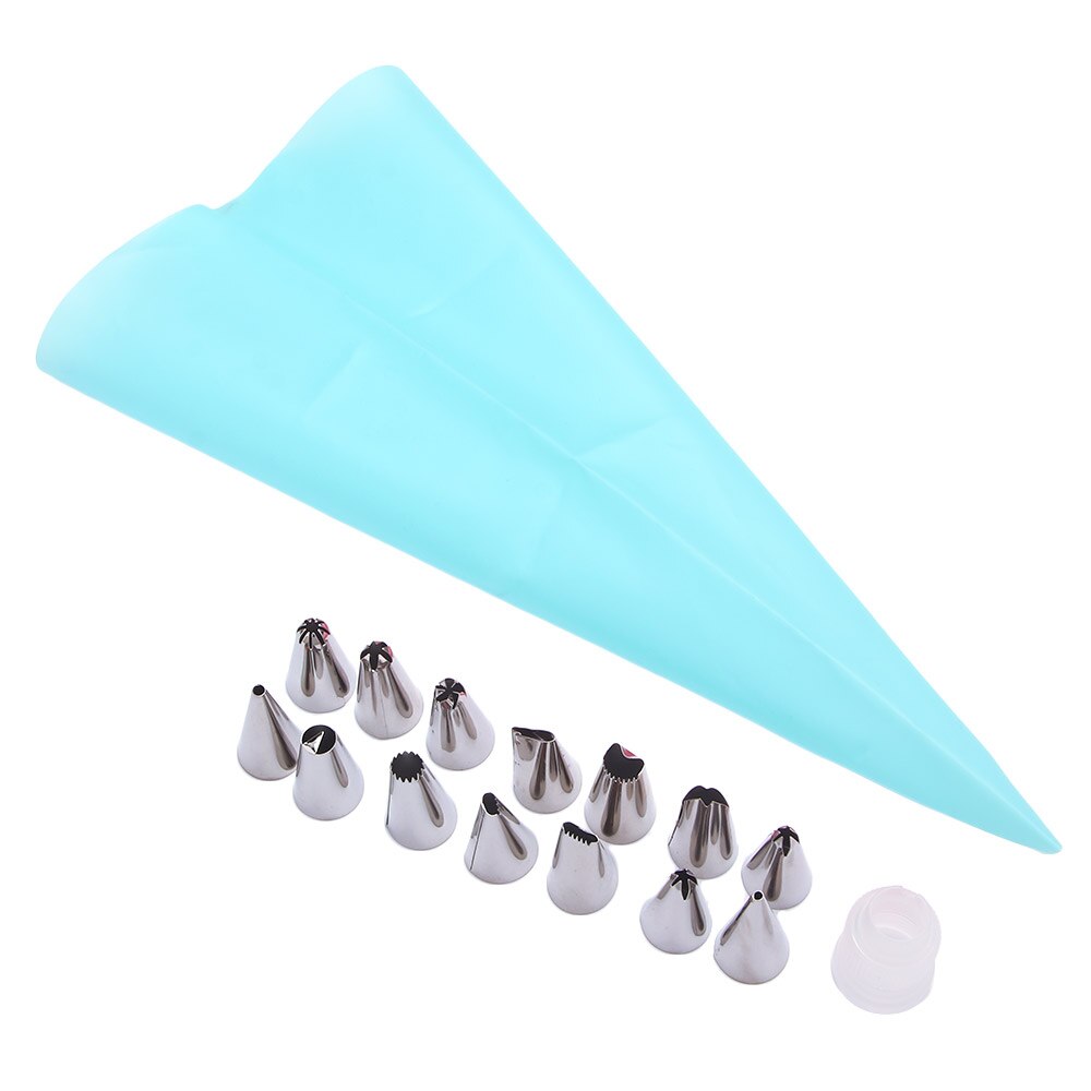 16 uds/Set de manga pastelera de silicona para glaseado bolsa de crema pastelera + 14 Uds boquilla de acero inoxidable adaptador de boquillas de manga pastelera DIY herramientas de decoración de pasteles: Blue