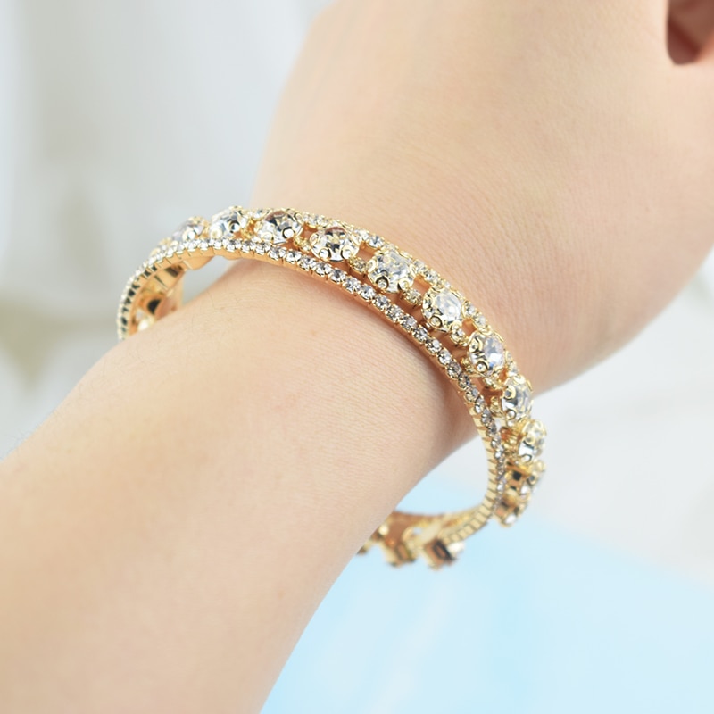 Pulseras de lujo chapadas en plata para mujer, brazaletes de diamantes de imitación de cristal, Pulseras de boda ajustables, de joyería al por mayor