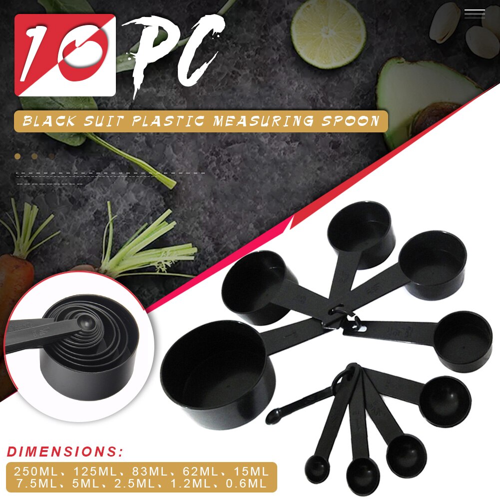 10 Pcs Black Plastic Maatlepels Cups Set Stapelbaar Voor Keuken Bakken Koken
