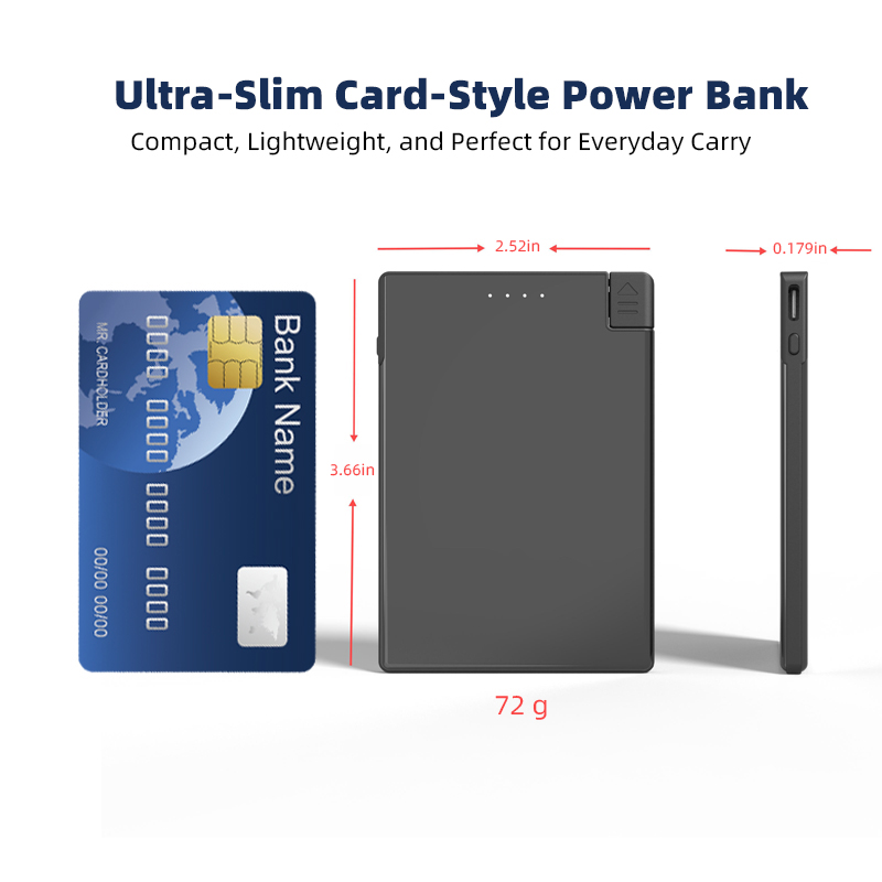 5mm Ultra-Slim Card Power Bank 2650mAh Wallet Portable Mini Charger with Built-in USB-C&Lightning Stainless Steel Pocket Battery
