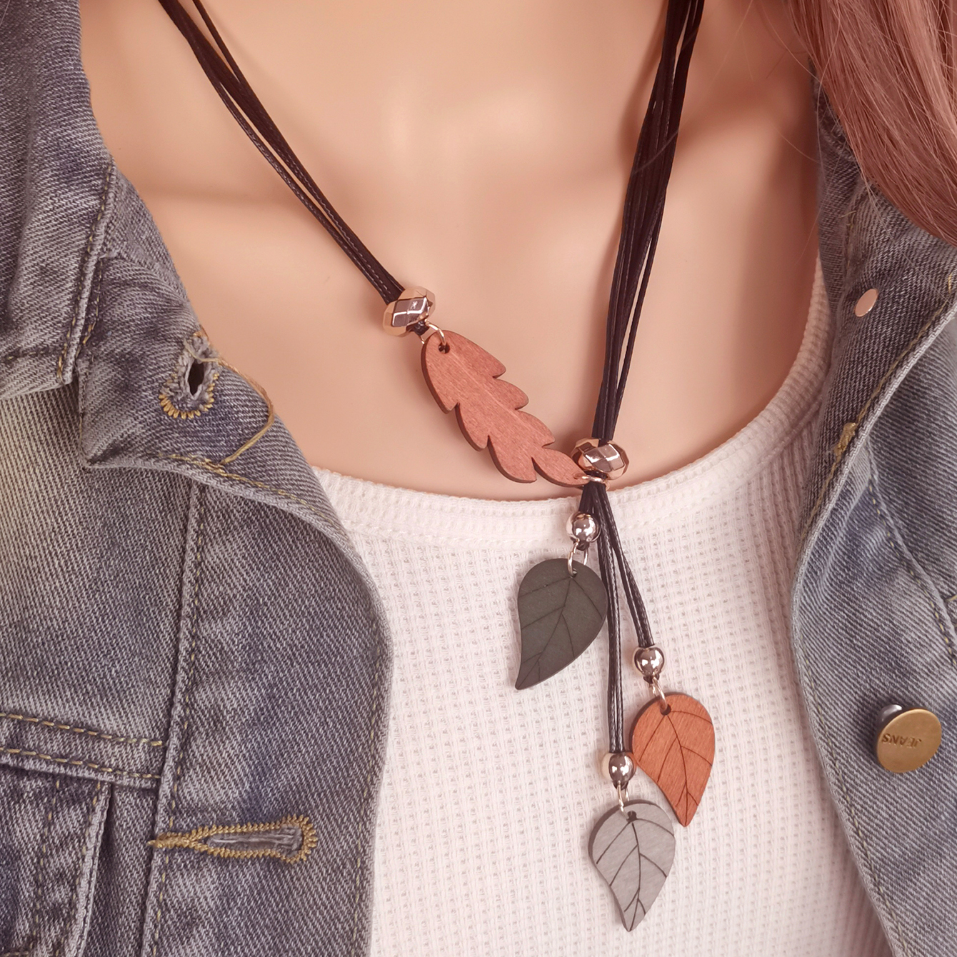 Collar con colgantes de hojas de madera étnica bohemia, collar llamativo Retro hecho a mano Vintage para mujer, joyería de para uso diario
