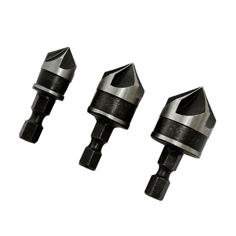 12/16/19mm 5/7 Flute 90 Degrees Chamfer Drill Bit Set Wood Working Carbon Steel Drill Bit Cutter Countersink Drill Bit Set: 12mm 16mm 19mm