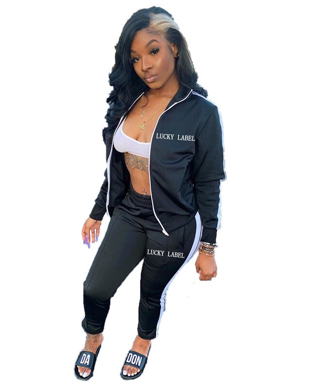 Lucky Label 2 Piece Set Women Sportwear striped Outfits Zip Top Leggings Pants Matching Set: Black / S