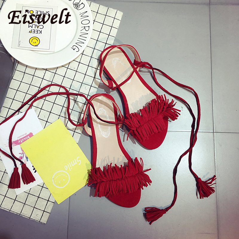 EISWELT Fringe Female Ankle Strap Rome Casual Sandals Women Flats Summer Tassel Shoes Ladies Wedding Women Sandals