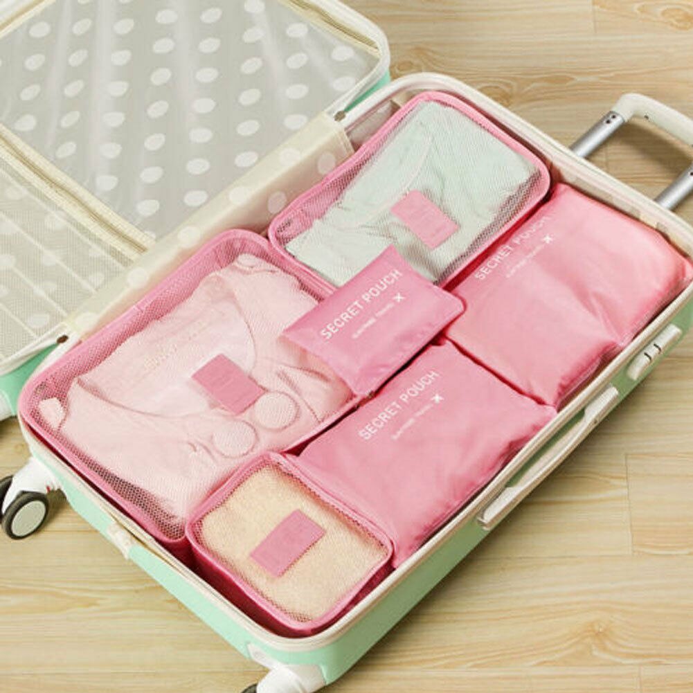 6 Stuks Reizen Kleding Opslag Zakken Waterdichte Draagbare Bagage Organizer Pouch Verpakking Kubus 8 Kleuren: Roze