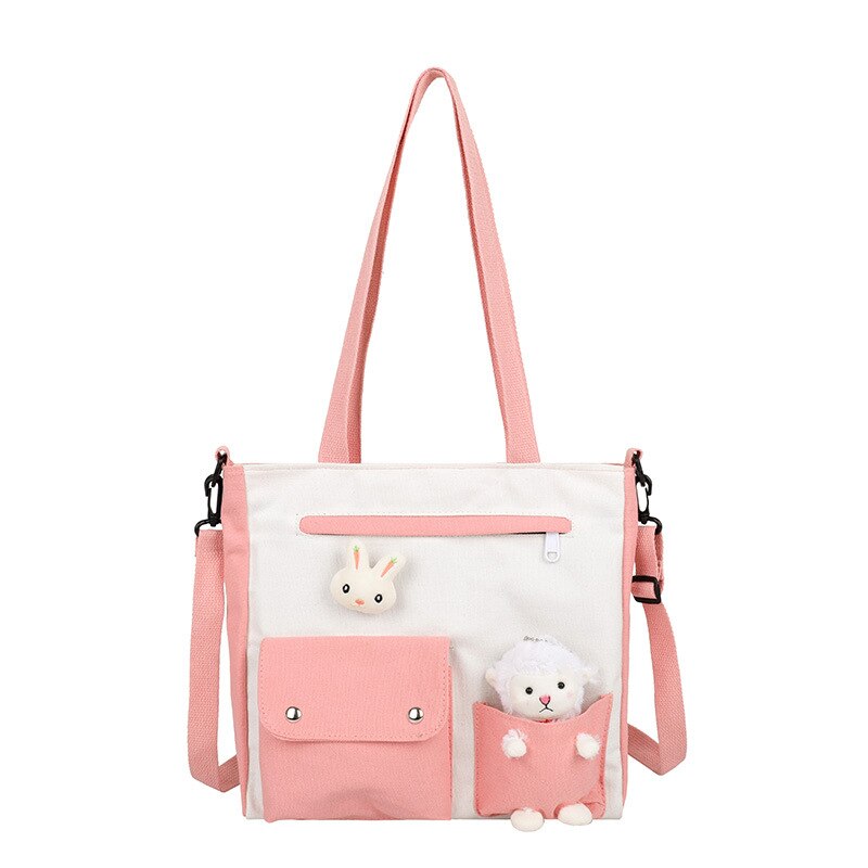 Women&#39;s Double Pocket Canvas Bag Trend Single Shoulder Bag with Lid Zipper Messenger Bag Tote Bag Student Tuition Bag: Pink