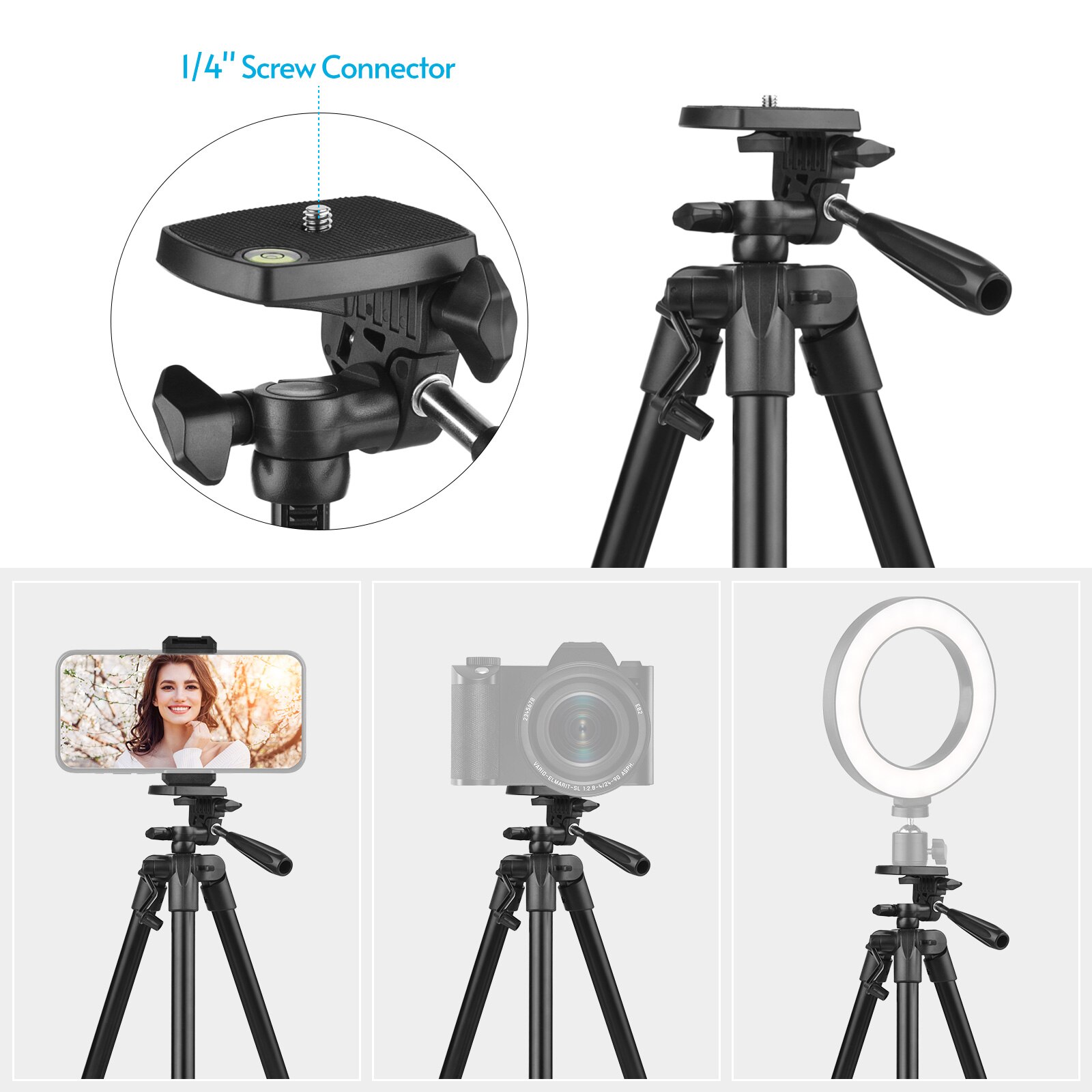 Portable Tripod Stand Aluminum Alloy 135cm/53in Max. Height 3kg Load Capacity with Phone Clamp Remote Shutter for Vlog Live
