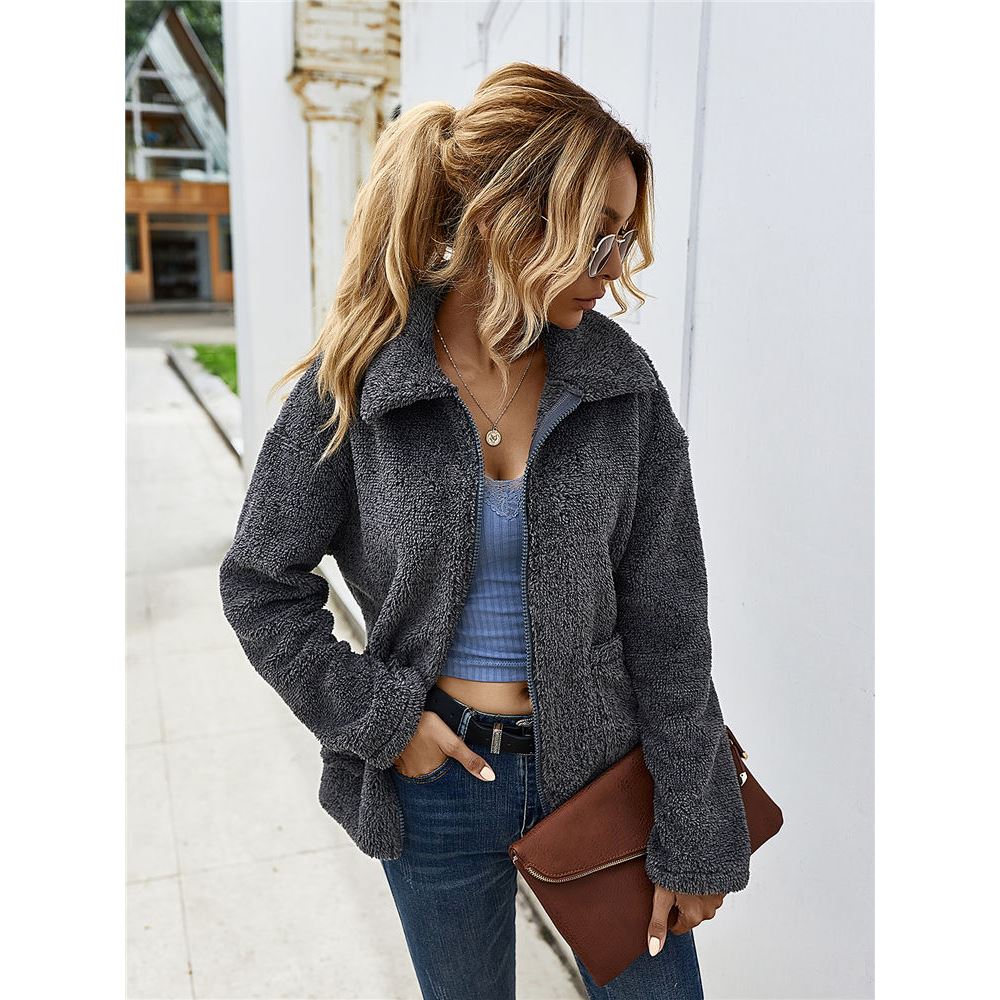Vrouwen Winter Sherpa Trui Blend Fleece Fluffy Zipper Vest Dames Herfst Streetwear Revers Rits Jas Teddy Truien: Dark gray / L