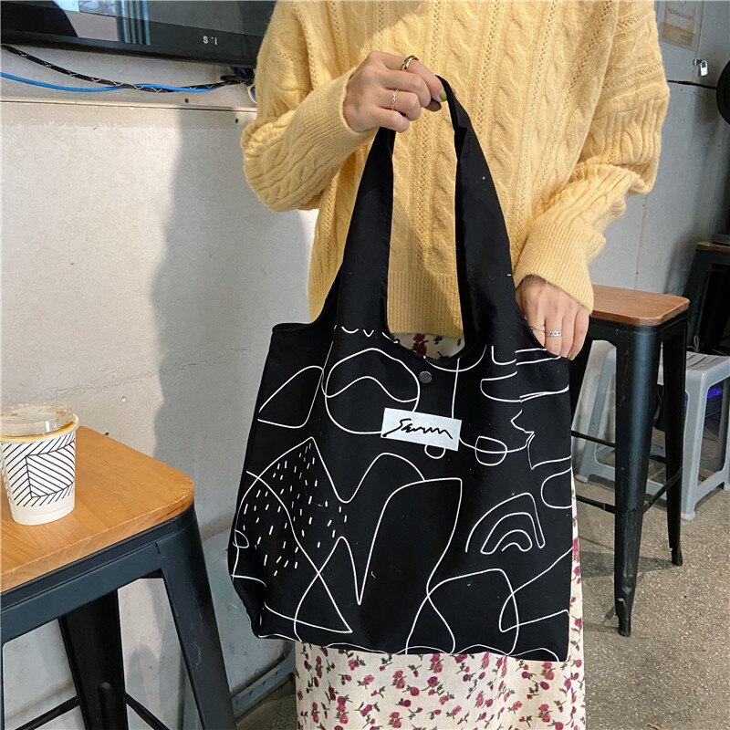 Koreanische einfache illustrationen, große schultertasche für damen, einkaufstasche aus umweltfreundlichem Segeltuch, baumwollstoff, große einkaufstasche für reisen: 2