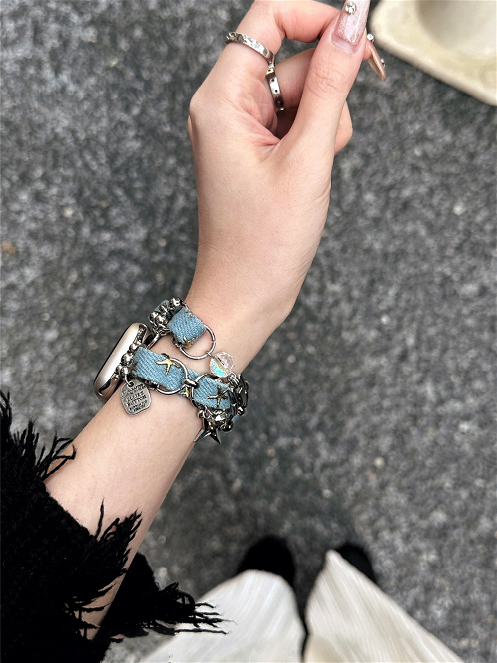 Y 2K Star Hanger Denim Lederen Band Voor Iwatch Ultra 2 9 8 7 6 5 4 Se Meisje Pols Armband Bandje Voor Apple Watch 41 40Mm 45 38 49