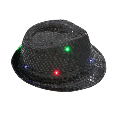 LED Flashing Light Up Fedora Cowboy Hat Sequin Unisex Fancy Dress Dance Party Hat