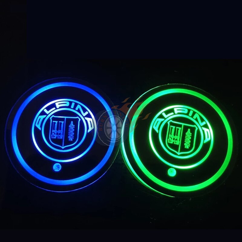 Alfombrilla LED para portavasos de coche, accesorio para BMW 320i, 330i, F30, E90, E92, F10, F90, G30, 525i, G20, G01, Alpina, 7 colores, 2 uds.: 2X ALPINA