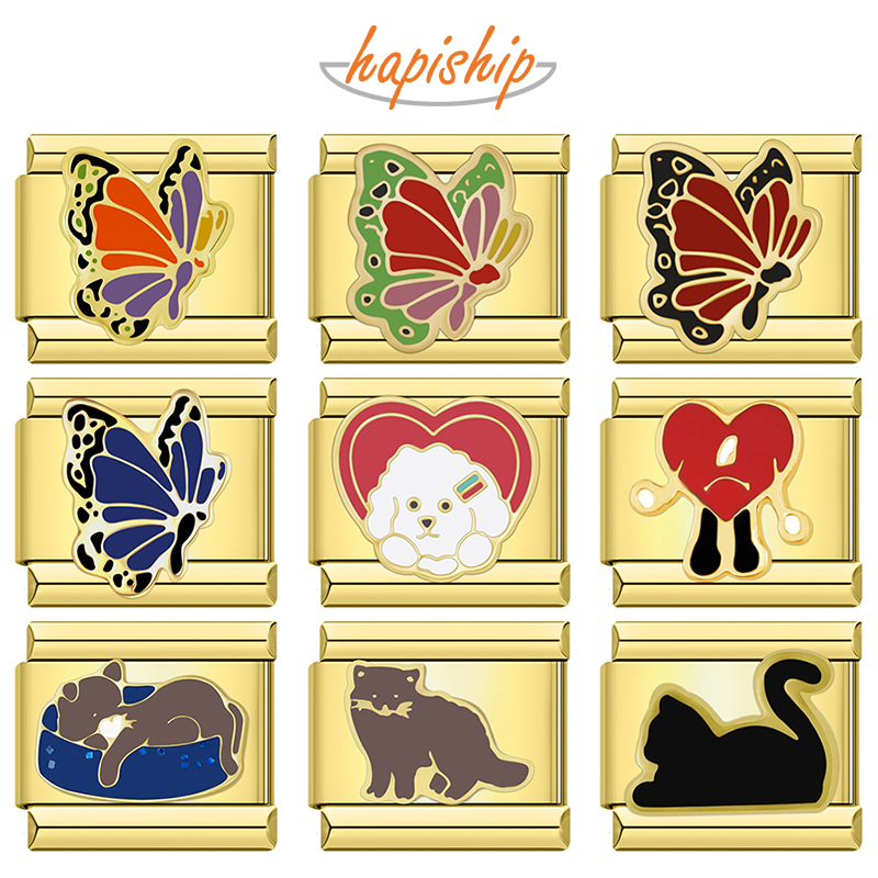 Hapiship Butterfly Cat Golden Italian Charm Links Fit 9mm Stainless Steel Bracelet Jewelry DJ1404-A