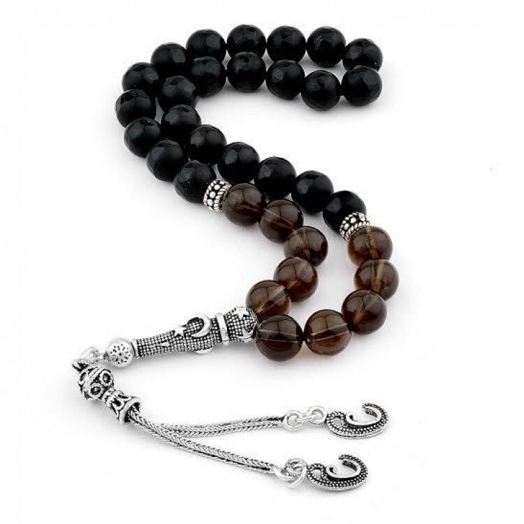 33 perlen Onyx (Onyx) Muslimischen Gebet Tasbih Misbaha Islamischen Schmuck Subha Kapsel schneiden Quaste 925 Kaliber Silber