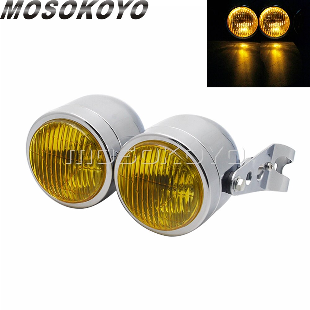 Motorcycle Twin Round Dominator Headlight 3.5" Double Dual Lamp Front Headlamp for Harley Cafe Racer Old School Chopper Bobber: B Chrome Yellow