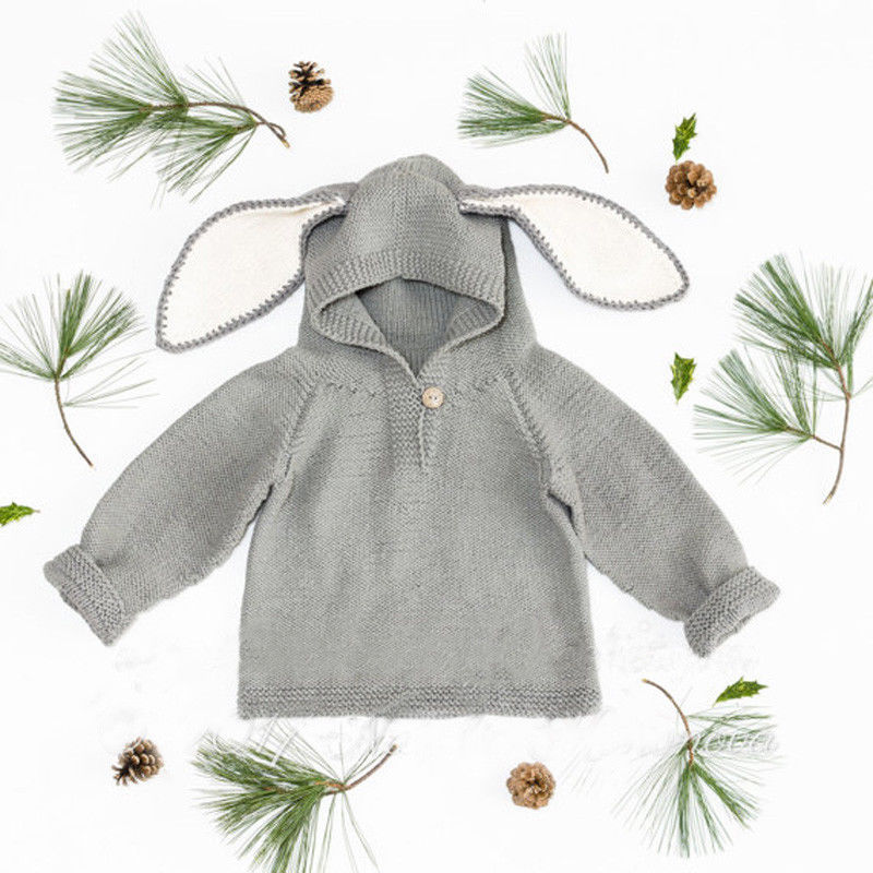 Toddler baby dreng piger strikket afslappet kanin hætteklædte sweater børn børn pullover strikning vinter varm overtøj 0-24m: Grå / 6m