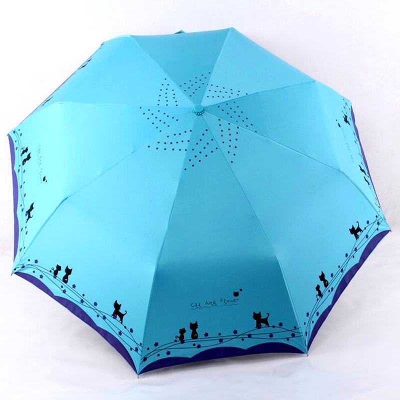 Parapluie pliant automatique pour femmes, style chat et fleurs, ultraléger, coupe-vent, pluie de soleil: Blue