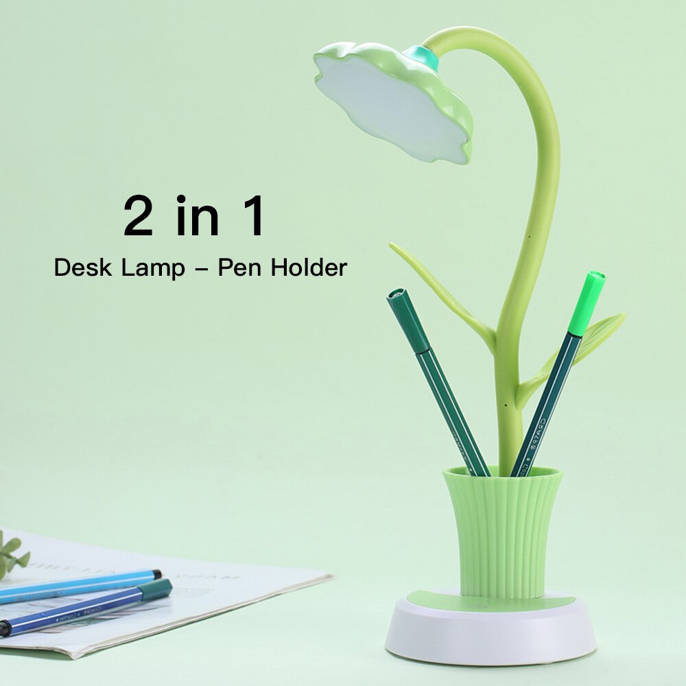 Kids Lamp LED Bureaulamp Touch Control Dimmen Licht Flexibele USB Oplaadbare Studeren lampen met Potlood Houder Zon bloem roze