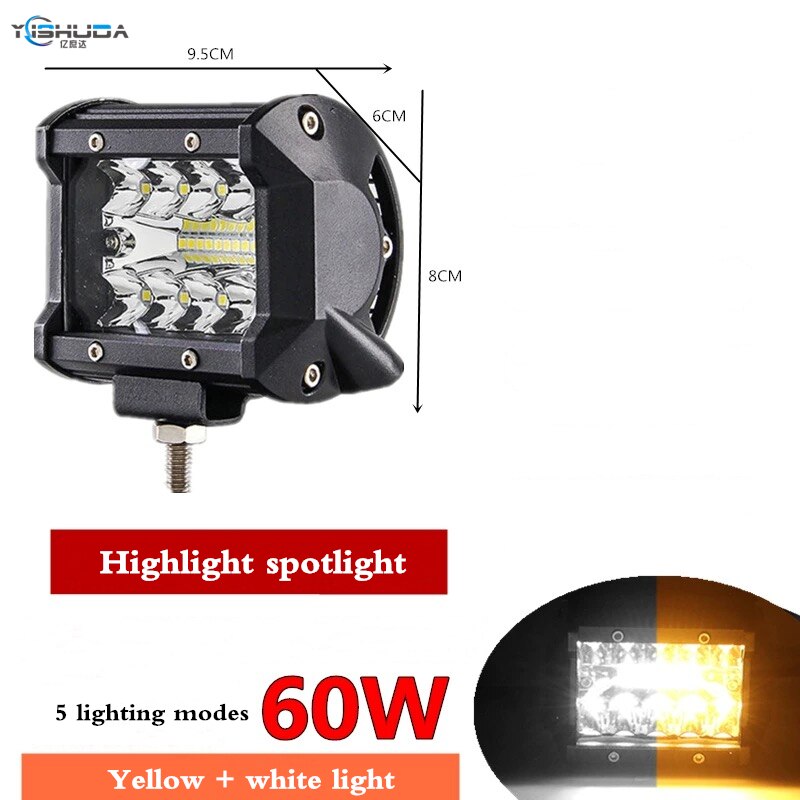 1PCS LED light 60W 120W LED Work Light Bar Square Spotlight 12V -30V Offroad LED Light Bar For Truck Offroad 4X4 4WD Car SUV ATV: 60W  yellow white