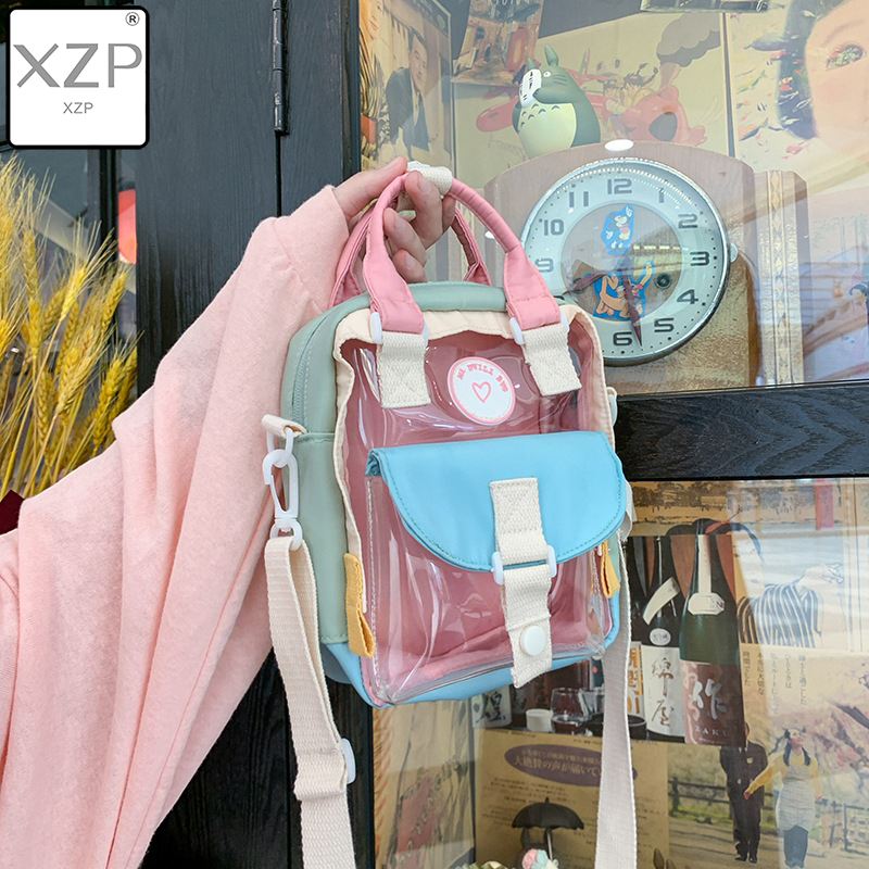 Xzp søt trendy dame jelly bag gjennomsiktig lerret sømmer pvc vanntett strandveske skrå crossbag firkantet bag bærbar baozi