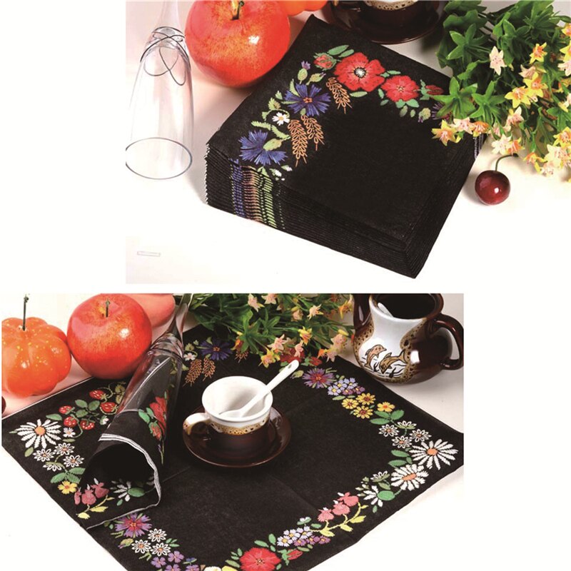 20 Stks/zak Bloem Servetten Papier Zwart Decoupage Servet Papieren Tissue Voor Xmas Wedding Decor Party Tafel Levert