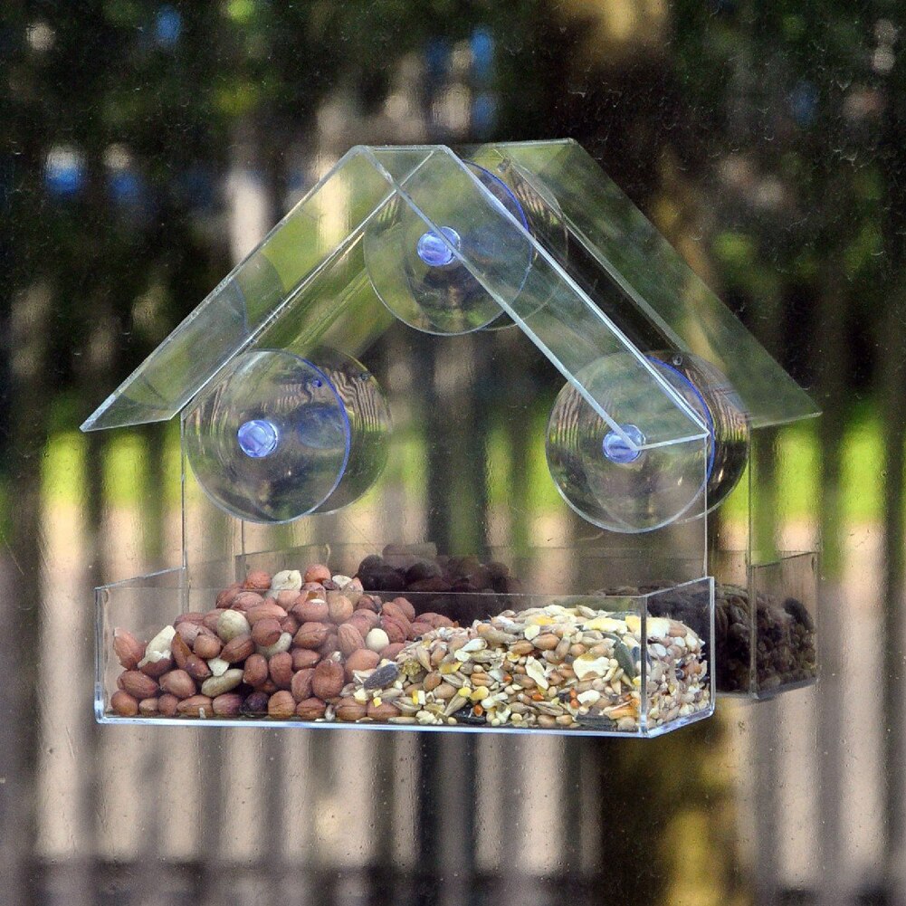 Window Birds Feeder Weather Proof House Shape Clear Acrylic Feeder with 3 Sucker for Outdoors Songbird YE