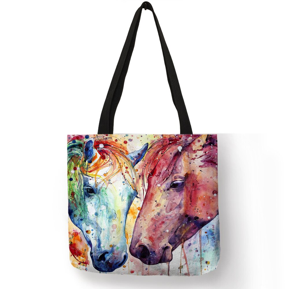 Aquarel Paard Print Linnen Shopping Bag Tote Folding Herbruikbare Reizen School Schoudertassen Casual Handtassen Voor Vrouwen: 006