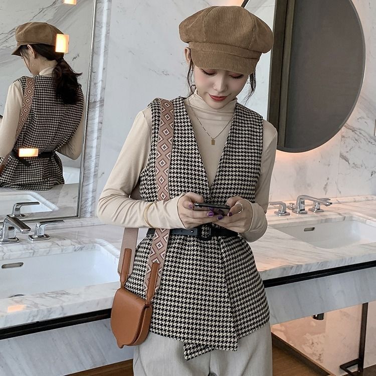 Tweed vest dames mouwloos jasje herfst engeland stijl vintage v-hals pied-de-poule geruit vest gilet met riem  c98