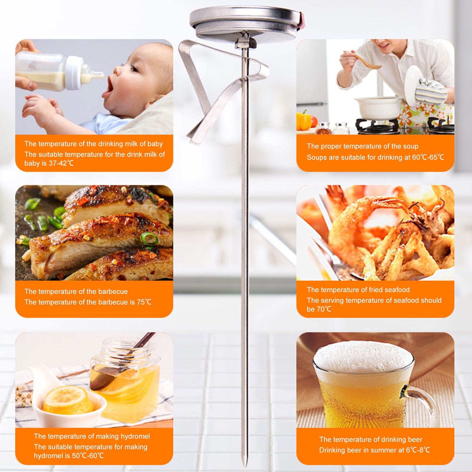 Kitchen Cooking Probe Type Stainless Steel Baking Thermometer Barbecue Thermometer With Fixing Clip Baking Tools